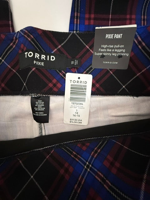 Torrid Pixie Pant -Blue Plaid, High Rise Sz1X(14-16) NWT