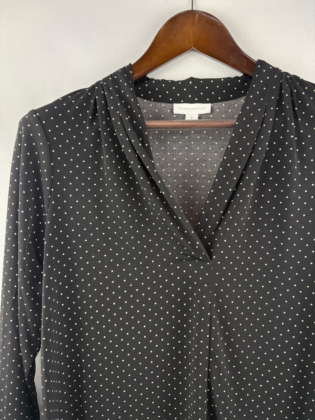 Women’s Charter Club Medium Black Blouse w/ White Polka Dots
