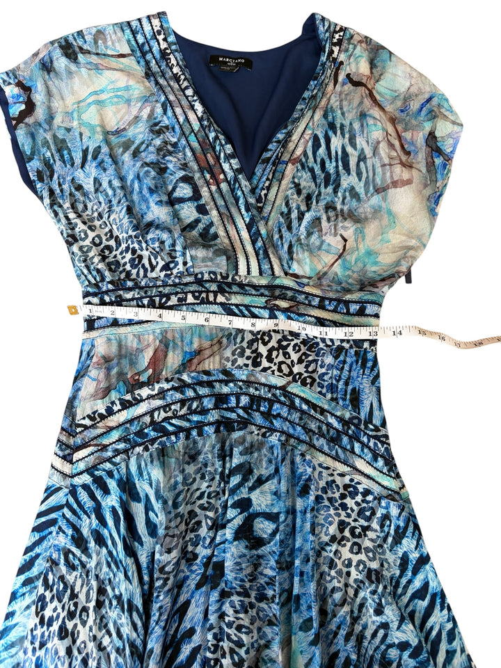 Marciano by GUESS Rose Romance Feminine Animal Motif Blue mini flared v-neck women's dress, size 2