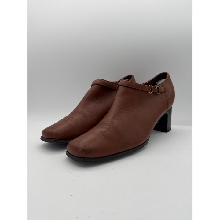 AJ Valenci Brown Leather Block Heel Ankle Booties With Side Zipper & Strap