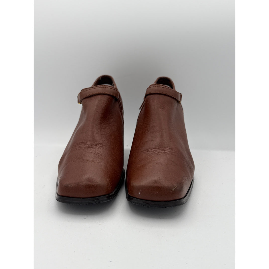 AJ Valenci Brown Leather Block Heel Ankle Booties With Side Zipper & Strap