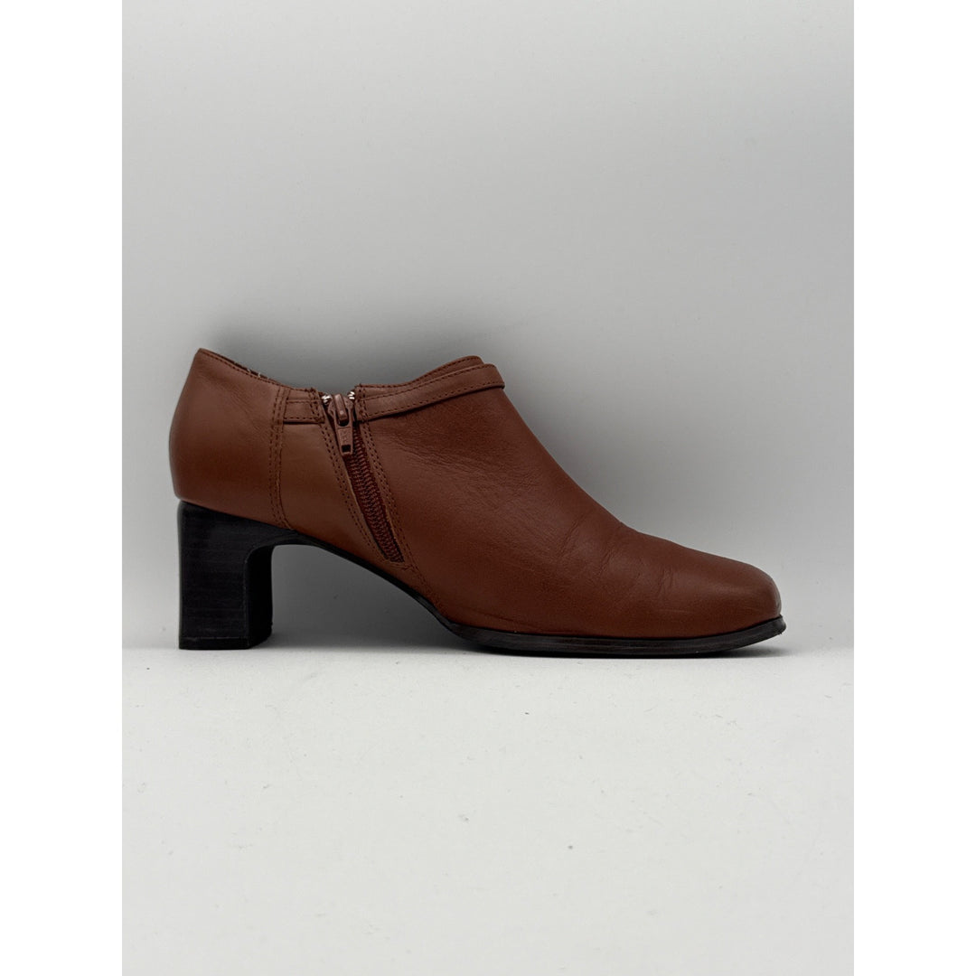 AJ Valenci Brown Leather Block Heel Ankle Booties With Side Zipper & Strap