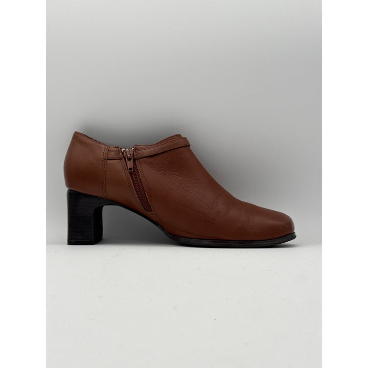 AJ Valenci Brown Leather Block Heel Ankle Booties With Side Zipper & Strap