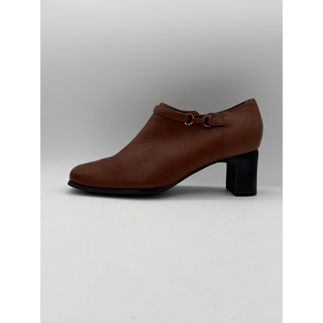AJ Valenci Brown Leather Block Heel Ankle Booties With Side Zipper & Strap