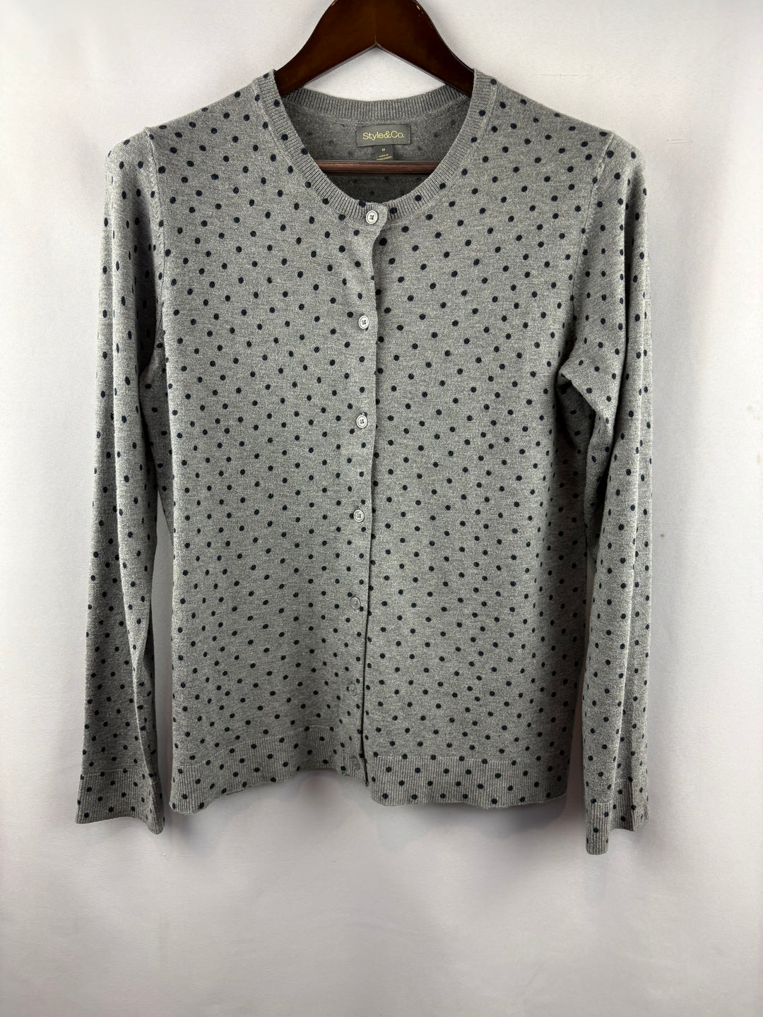 Women’s Style&Co Medium Heather Gray Cardigan w/ Navy Polka Dots