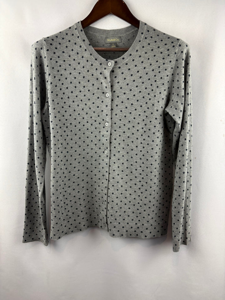 Women’s Style&Co Medium Heather Gray Cardigan w/ Navy Polka Dots