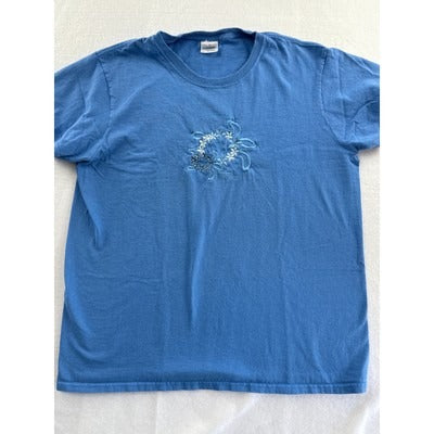 Gildan Ladies Blue Floral Embroidered T-Shirt L 100% Cotton Casual Top