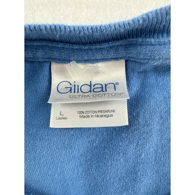 Gildan Ladies Blue Floral Embroidered T-Shirt L 100% Cotton Casual Top