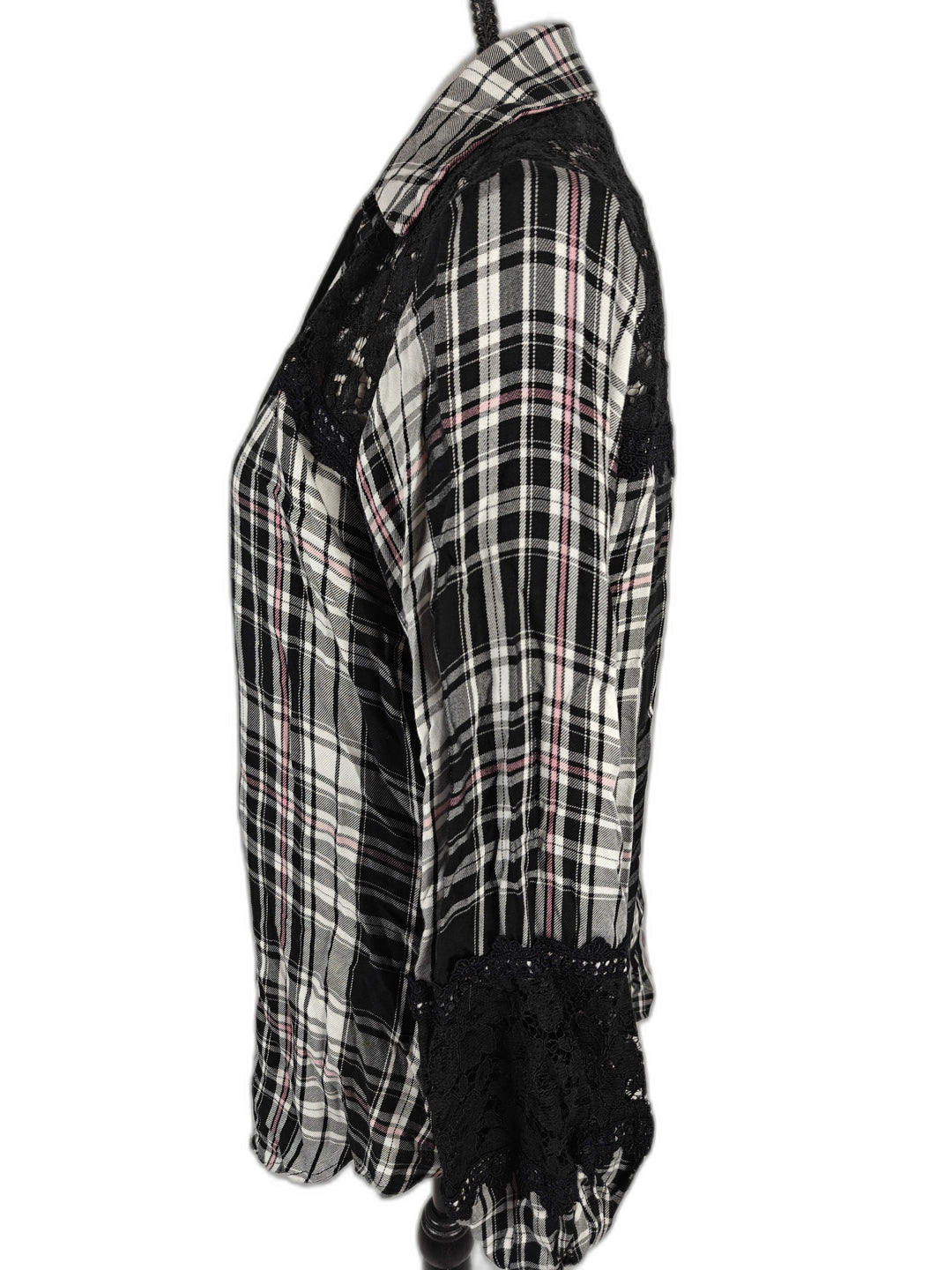 Women’s Atina Cristina Plaid Lace Tunic Blouse Black White Pink Medium