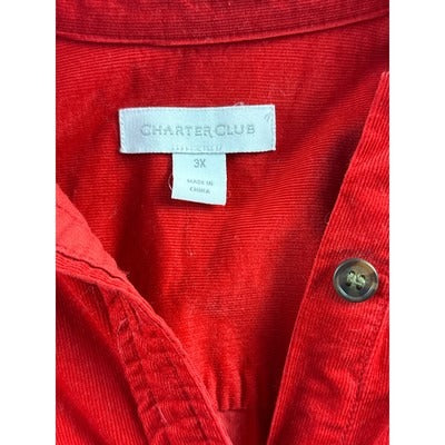 Charter Club Red Corduroy Button-Up Shirt 3X Made In China 100% Cotton