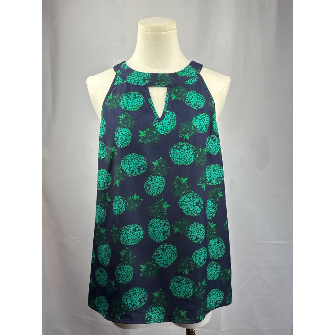 Market & Spruce Pineapple Print Keyhole Tank Top Medium Blue & Green