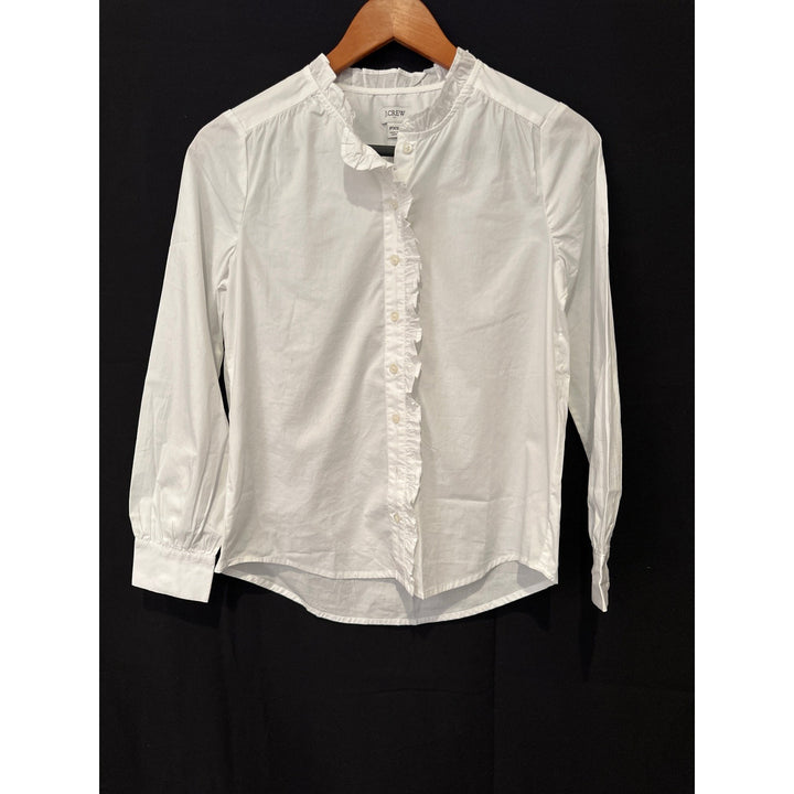 J.Crew Womens PXS White Ruffle Cotton Blend Long Sleeve Blouse Button Front Petite