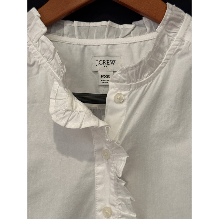 J.Crew Womens PXS White Ruffle Cotton Blend Long Sleeve Blouse Button Front Petite