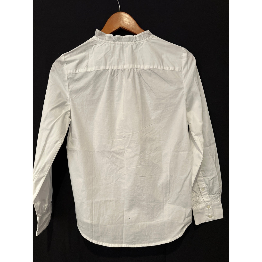 J.Crew Womens PXS White Ruffle Cotton Blend Long Sleeve Blouse Button Front Petite