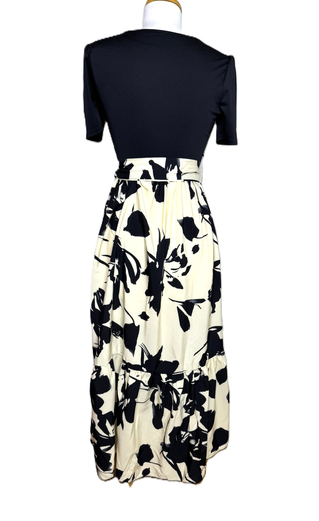 Women's Black & Cream Floral Print Maxi Dress, Puff Sleeves, Tie Waist, Size Small
