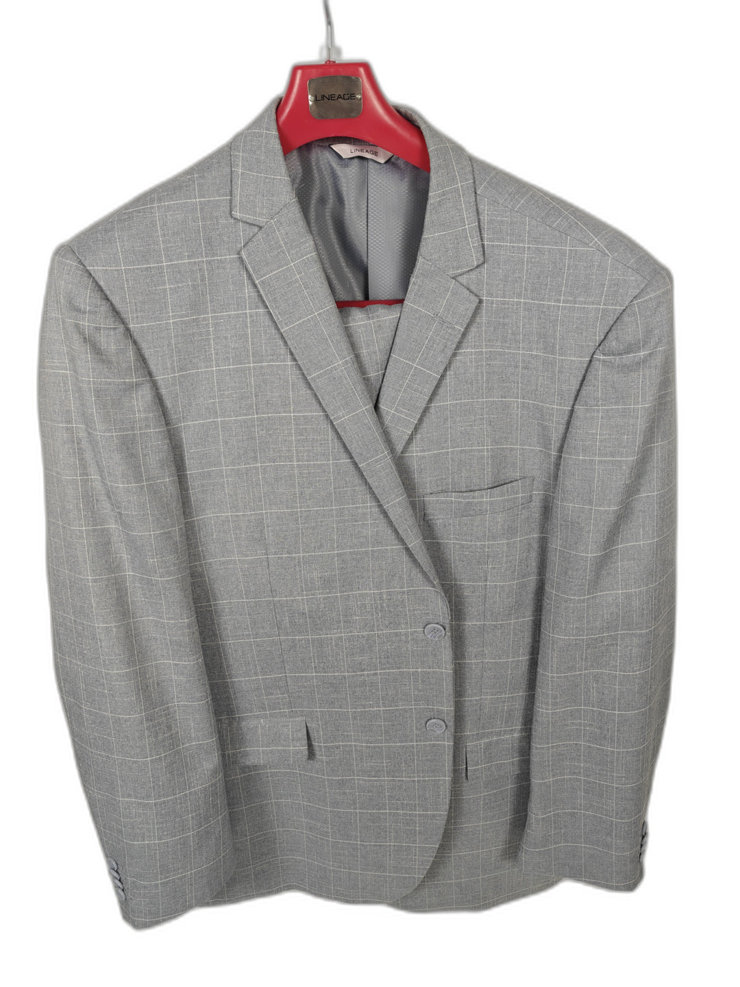 Lineage Men's Gray Windowpane 2 Piece Suit 42R Blazer & Dress Pants Stretch Classic Fit