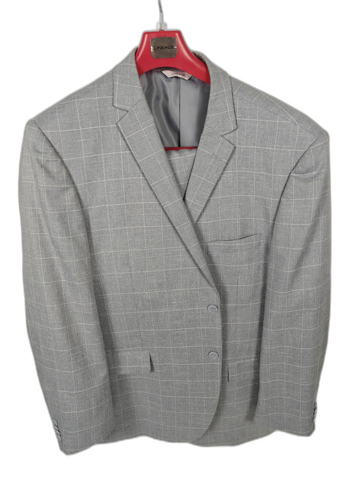 Lineage Men's Gray Windowpane 2 Piece Suit 42R Blazer & Dress Pants Stretch Classic Fit