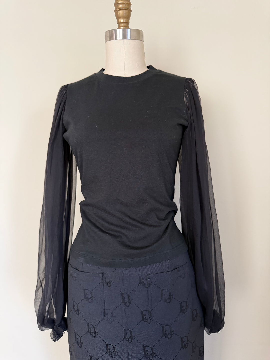Christian Dior by John Galliano Black Sheer Sleeve Knit Top Made in France Size FR 38/US 6