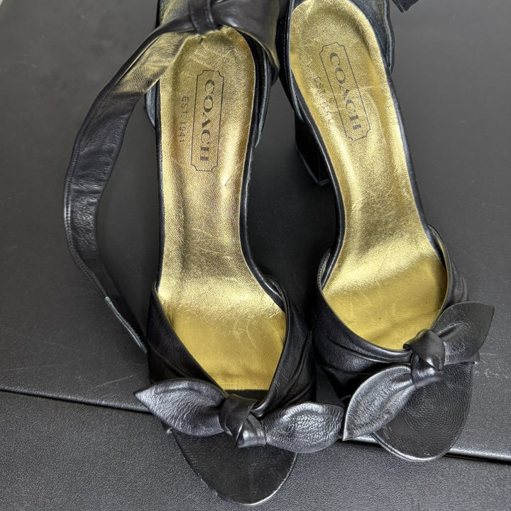 Coach Black Leather Peep-Toe Heels, Ankle Tie, 3.5" Block Heel, Size 6B