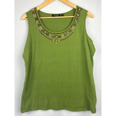 Notations Woman Green Sleeveless Embellished Top 1X 100% Cotton