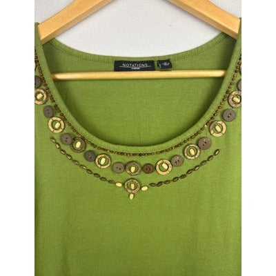 Notations Woman Green Sleeveless Embellished Top 1X 100% Cotton