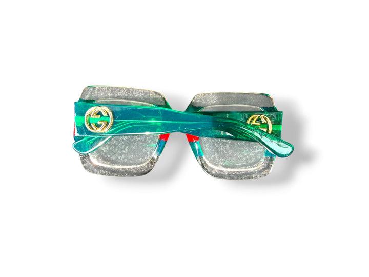 Gucci Oversized Square Web Stripe Sunglasses Green Red Clear Gold Logo