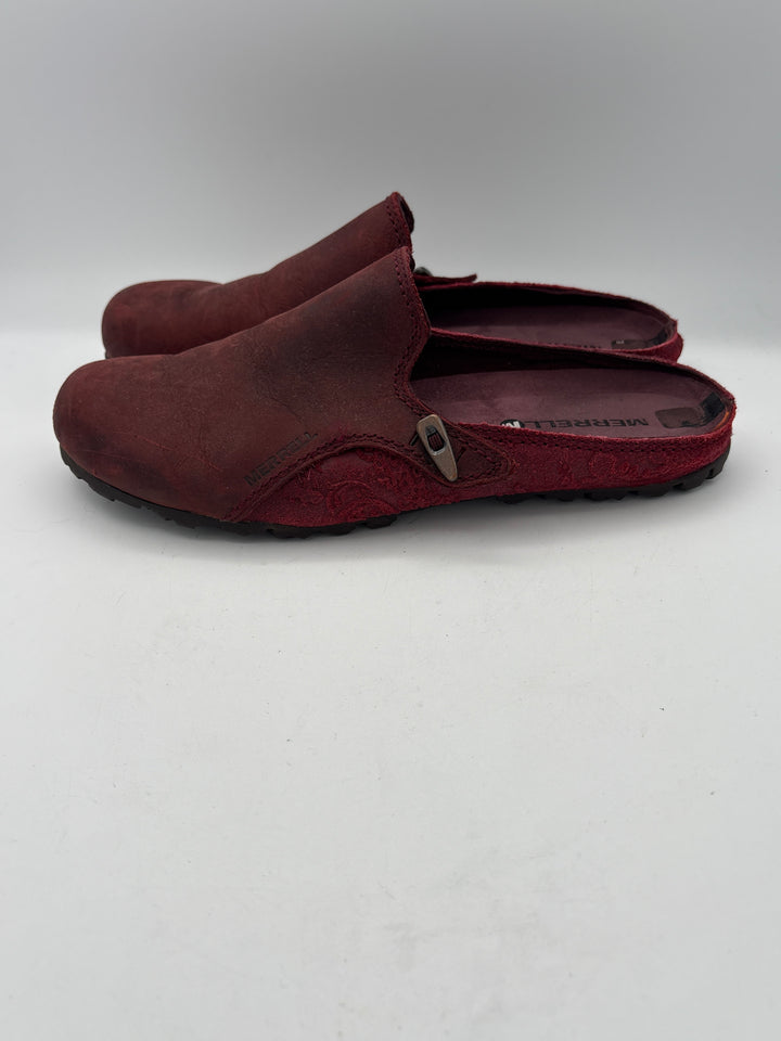 Women’s Merrell M Size 8.5 Burgundy Soft Leather Slip On Mules