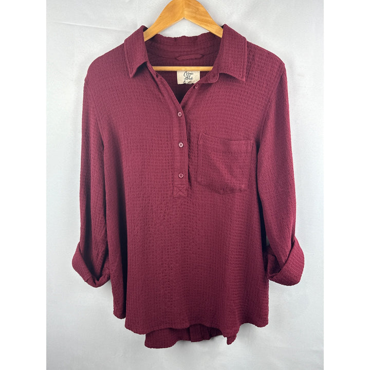 Cosmic Blue Love Womens Textured Burgundy Button-Up Blouse Long Sleeve Size M Rayon Blend