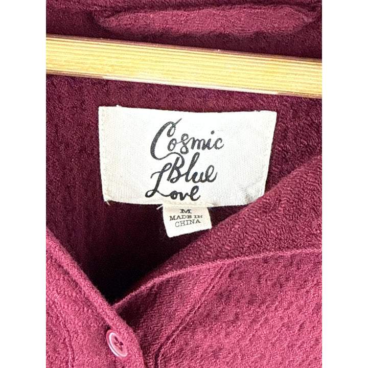Cosmic Blue Love Womens Textured Burgundy Button-Up Blouse Long Sleeve Size M Rayon Blend