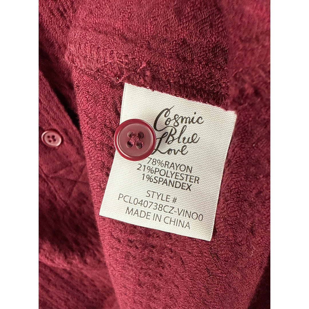 Cosmic Blue Love Womens Textured Burgundy Button-Up Blouse Long Sleeve Size M Rayon Blend