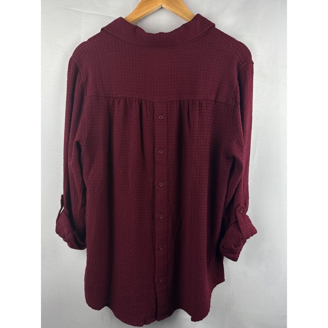 Cosmic Blue Love Womens Textured Burgundy Button-Up Blouse Long Sleeve Size M Rayon Blend