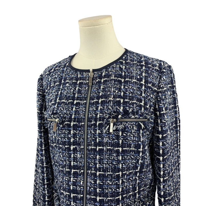 Lafayette 148 New York Womens Tweed Jacket Size 10 Blue/White Zipper Front