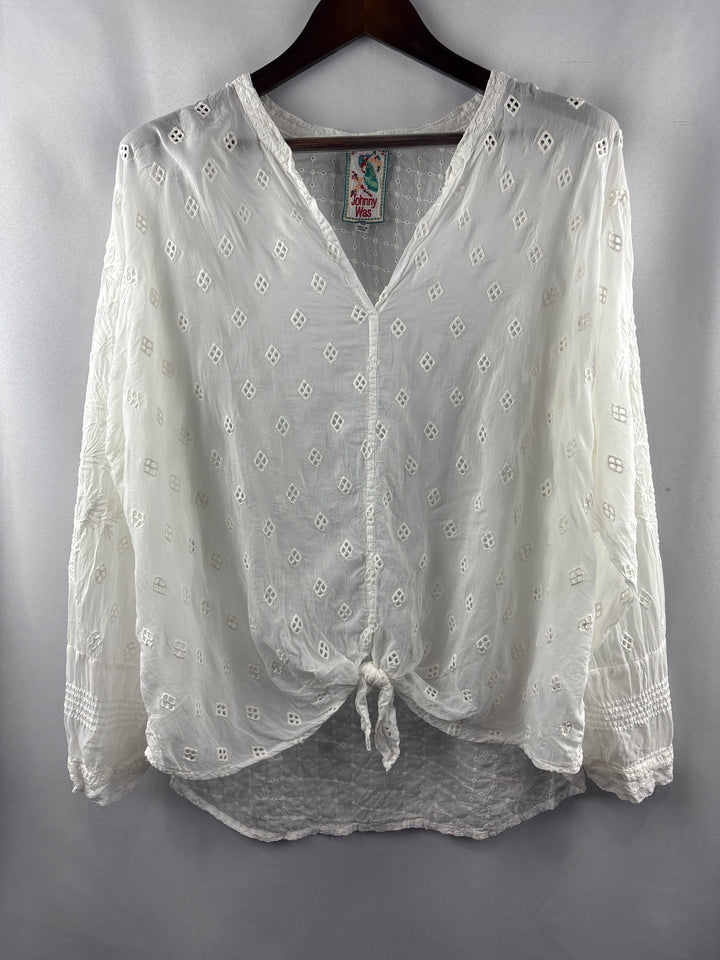 Women’s Johnny Was XXL White Long Sleeve Patterned Blouse