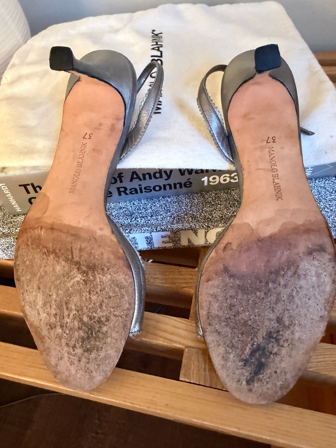 Vintage Manolo Blahnik Metallic Silver Slingback Heels 37