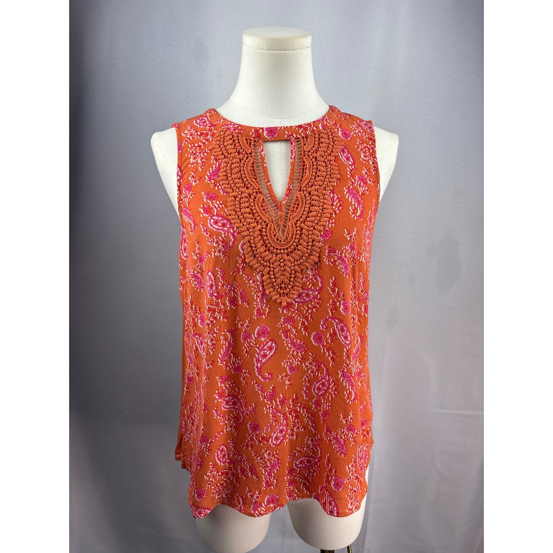 Daniel Rainn Petite Small Sleeveless Top With Lace Trim & Keyhole Neckline