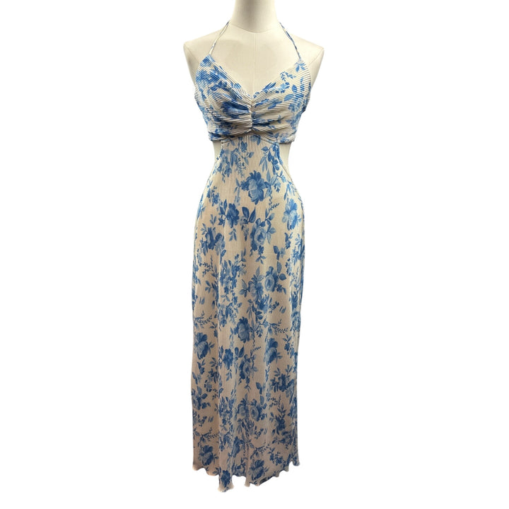 Women’s Endless Blu Medium White Backless Sleeveless Maxi Dress with Blue Florals