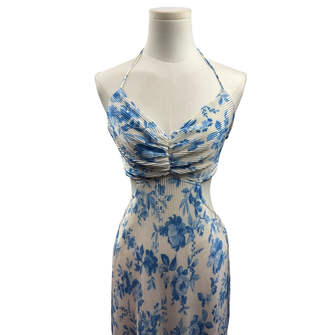 Women’s Endless Blu Medium White Backless Sleeveless Maxi Dress with Blue Florals