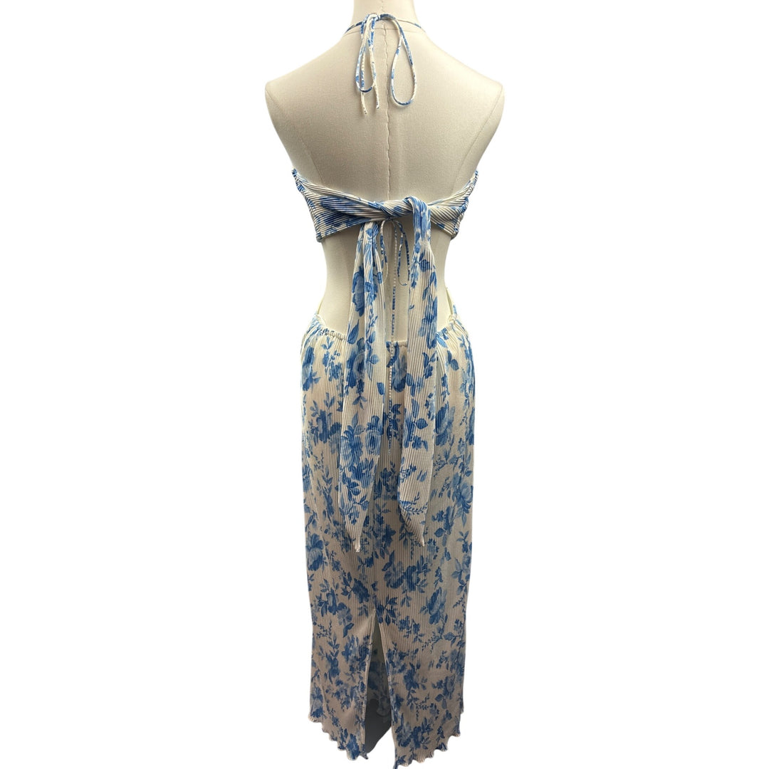 Women’s Endless Blu Medium White Backless Sleeveless Maxi Dress with Blue Florals