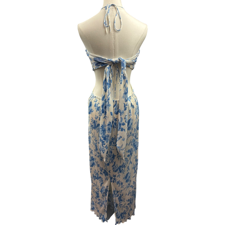 Women’s Endless Blu Medium White Backless Sleeveless Maxi Dress with Blue Florals