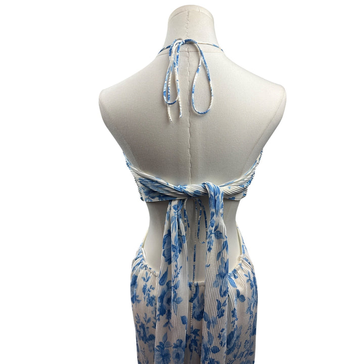 Women’s Endless Blu Medium White Backless Sleeveless Maxi Dress with Blue Florals