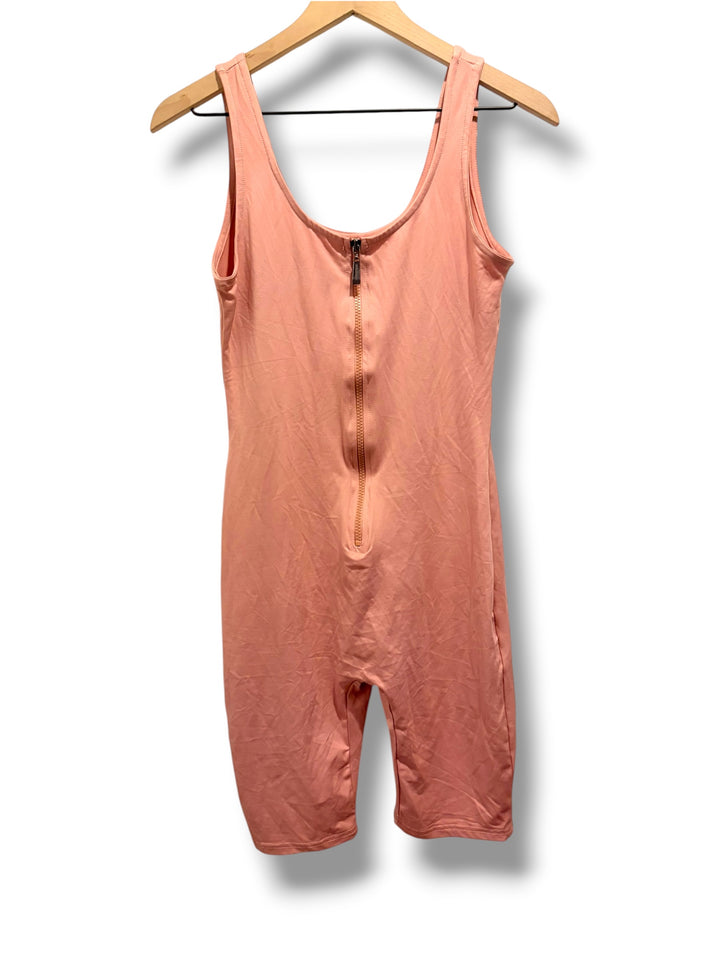 Pink Zip Front Biker Short Romper Workout Lounge Jumpsuit Size Large
