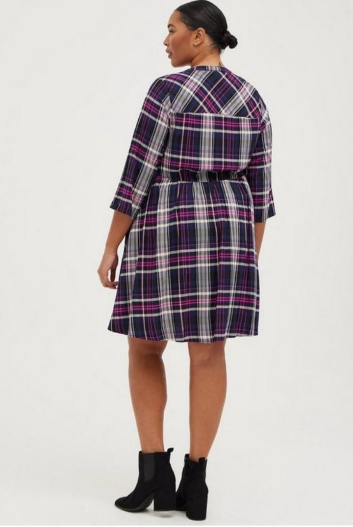 Torrid Plaid Mini Challis Button‑Front Shirt Dress Sz1X(14–16) NWT