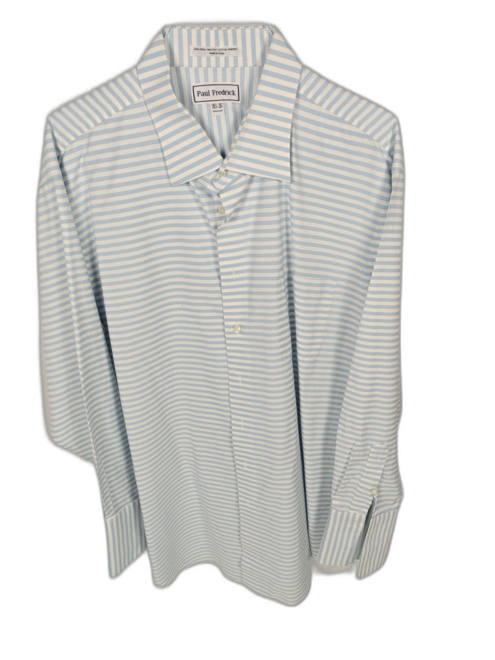 Paul Fredrick Men's 18.5-36 Blue White Stripe French Cuff Dress Shirt Non-Iron Cotton
