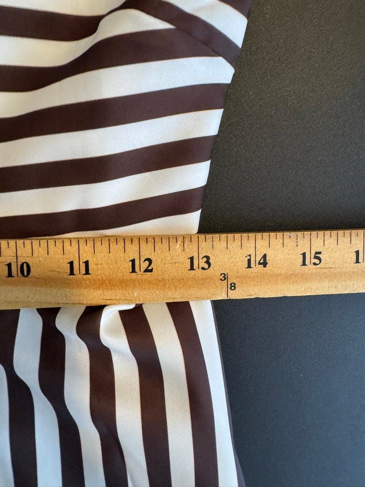 Women's Brown & White Striped Spaghetti Strap Satin Maxi Dress, Ruffled Hem, Size Small
