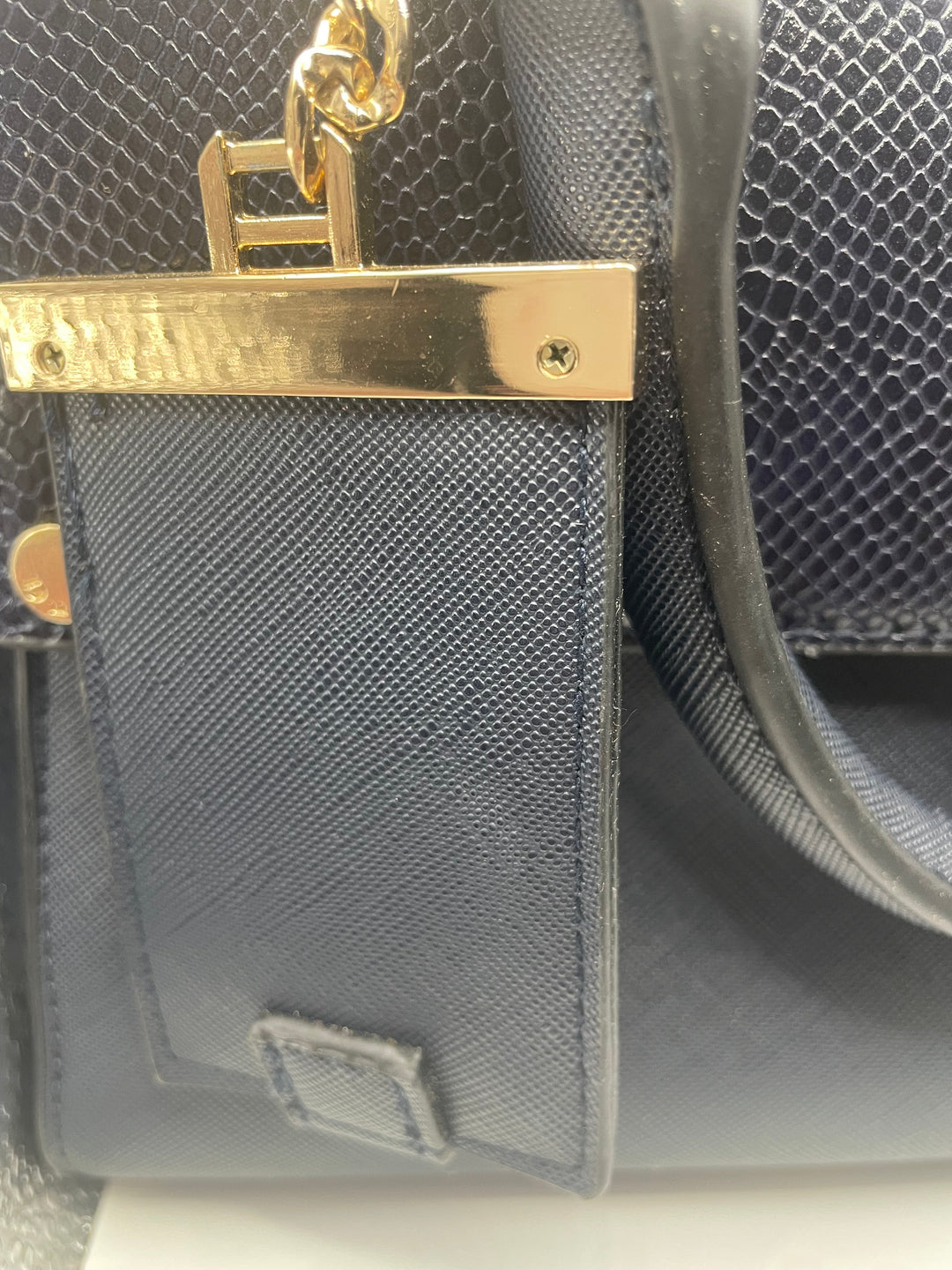 Dune London Navy Blue Structured Satchel Handbag Gold Hardware Women&