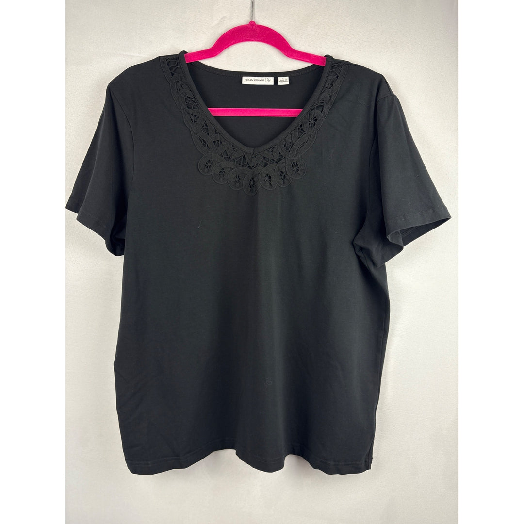 Susan Graver Black Lace Trim Cotton Blend T-Shirt L