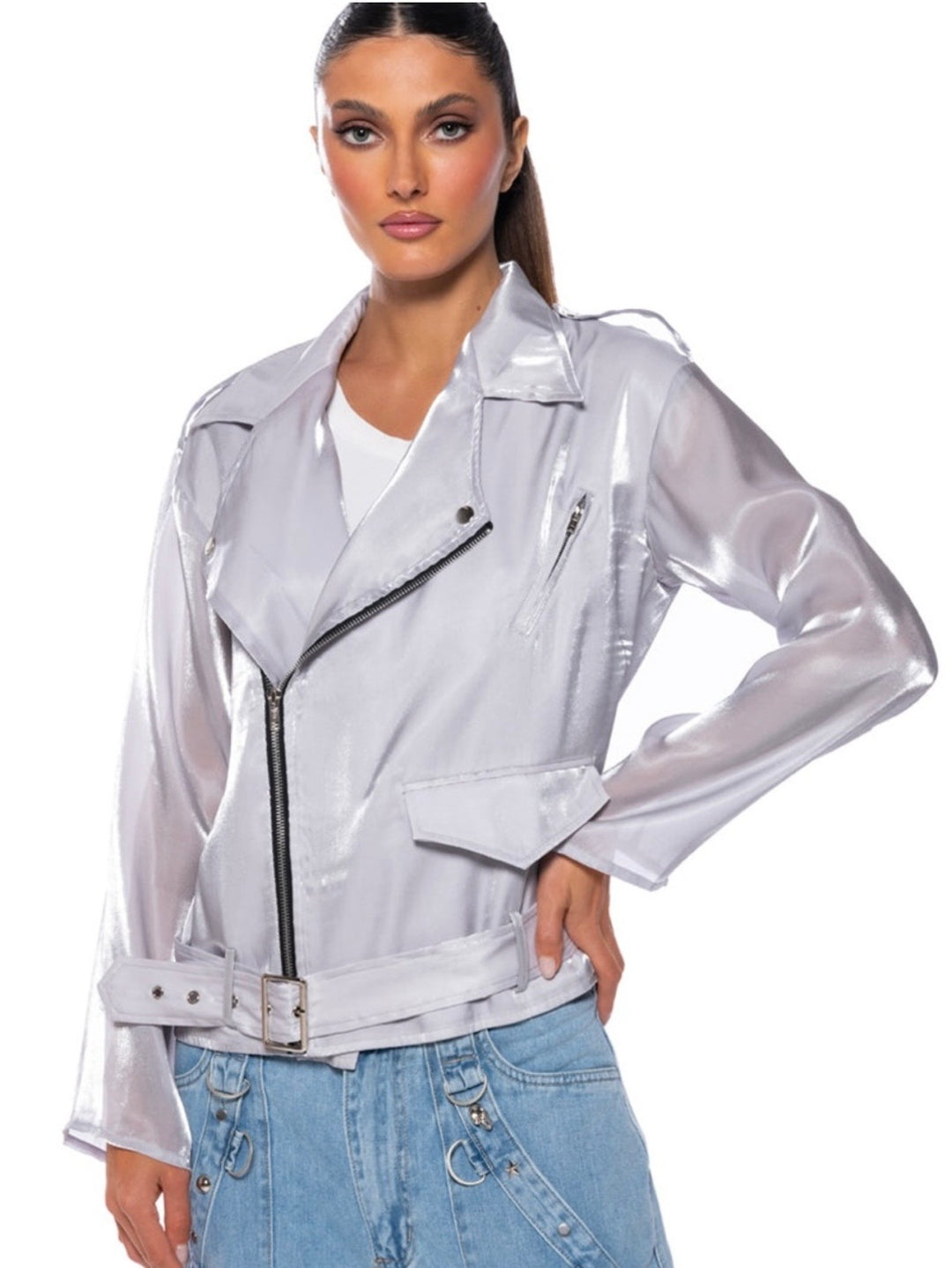 AKIRA Sheer Silver Moto Jacket - Women&
