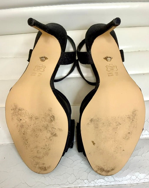 Nina Black Mesh Glitter Bow Heeled Sandals Sz7