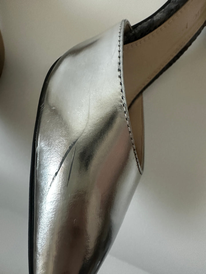 Banana Republic Giana Silver Metallic Black Pointed Toe Ankle Strap Heels D&