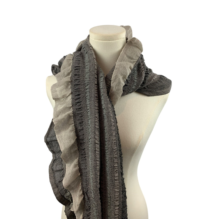 ColdWater Creek Ruffled Gray & Beige Knit Scarf With Fringe